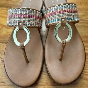 Woven Multicolor Leather-Trim Thong Sandals - Brown